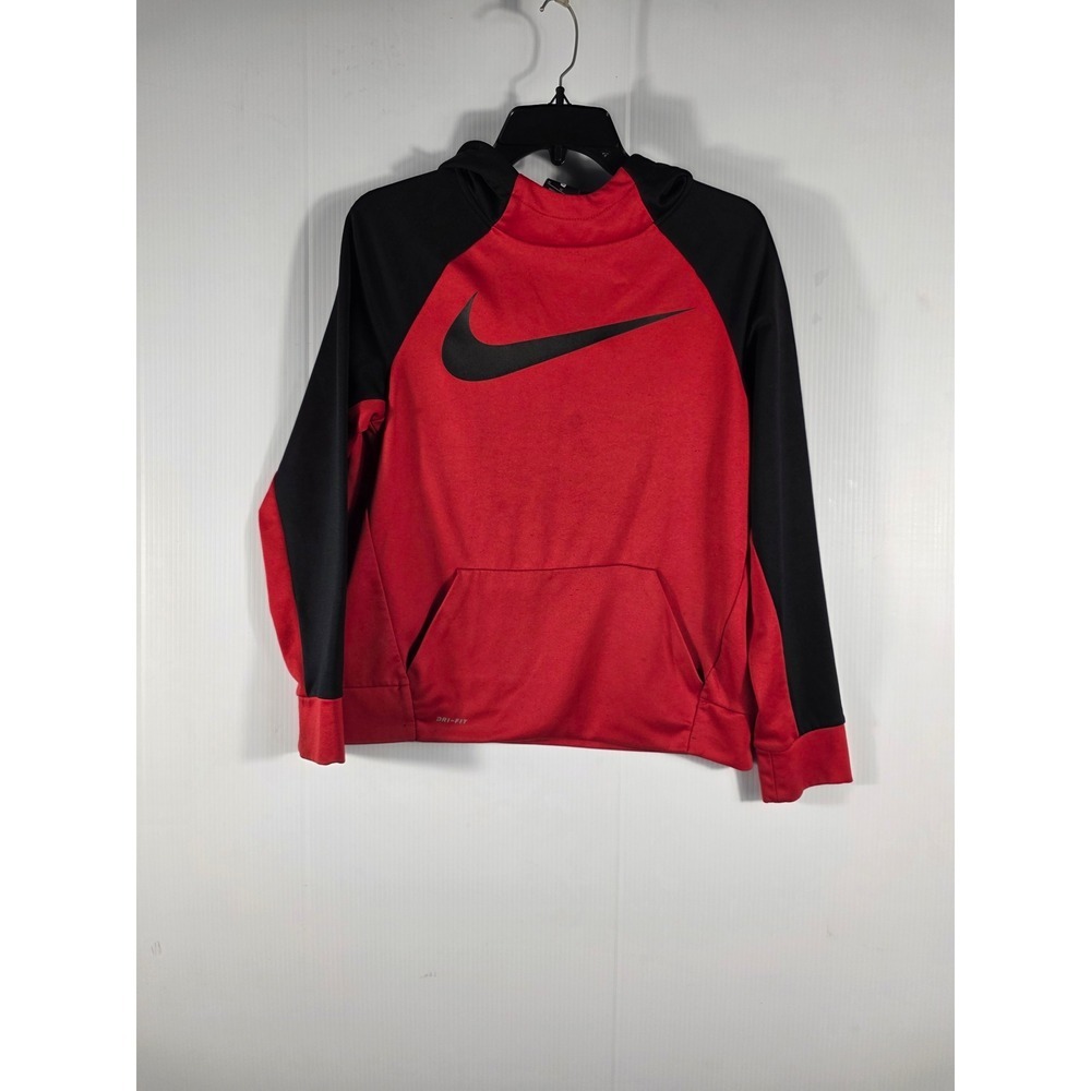 Nike Kids Dri-FIT Red Black Colorblock Pullover Hoodie XL Large Swoosh Logo - Picture 2 of 8